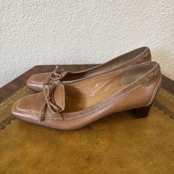 Talbots Brown Textured Leather Low Heel Square Toe Bow Size 6.5B Slip On Pump - Picture 3 of 6